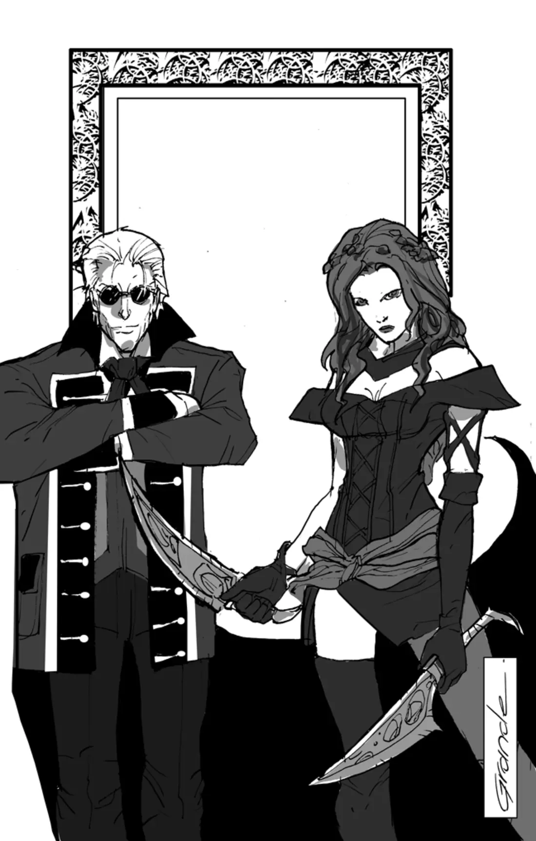 Black-and-white Celsus and Mischa artwork featured on the Anubis Prophecy shirt